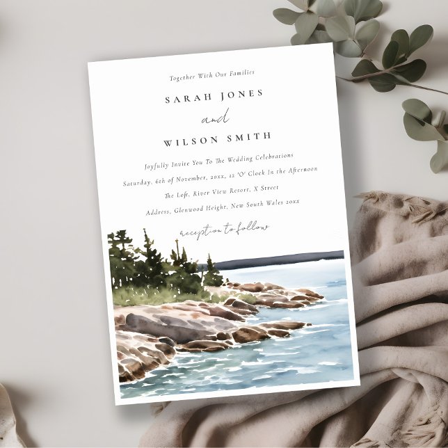 Rocky Pine Mountain Watercolor Seascape Wedding Invitation (Creator Uploaded)