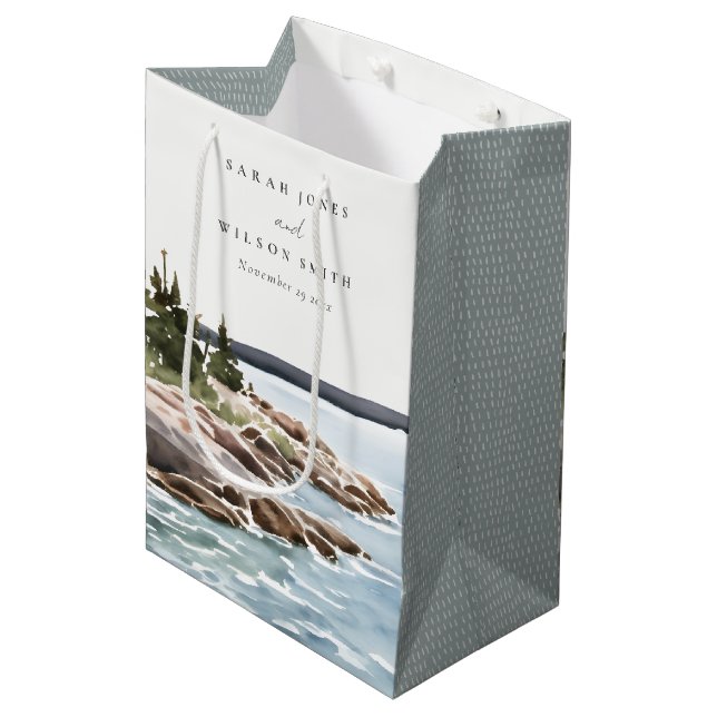 Rocky Pine Mountain Watercolor Seascape Wedding Medium Gift Bag (Front Angled)