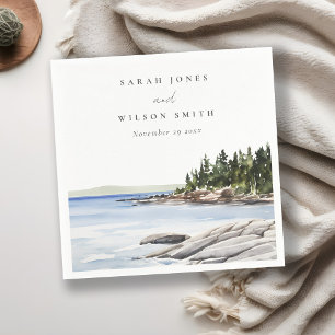 Rocky Pine Mountain Watercolor Seascape Wedding Napkin