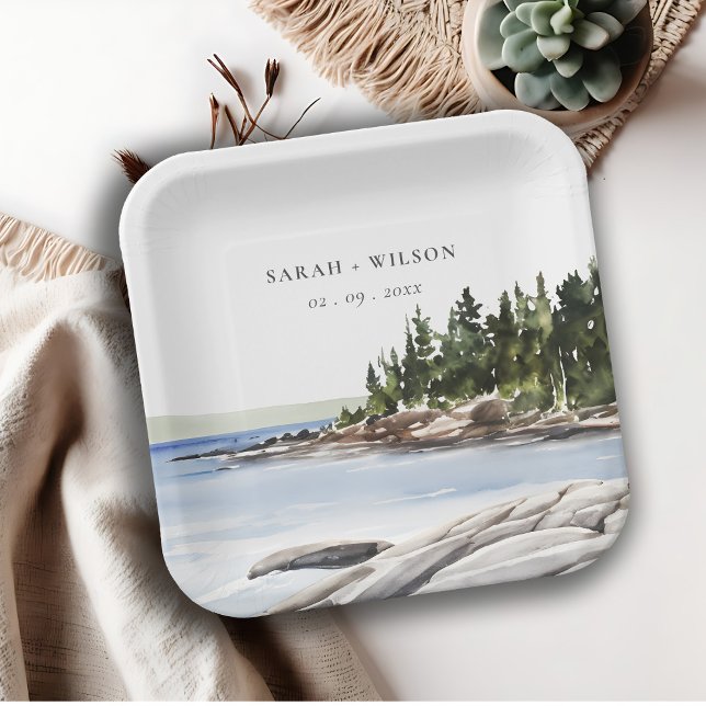 Rocky Pine Mountain Watercolor Seascape Wedding Paper Plate (Creator Uploaded)
