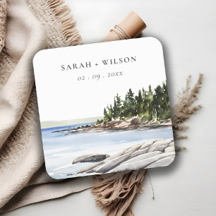 Rocky Pine Mountain Watercolor Seascape Wedding Square Paper Coaster