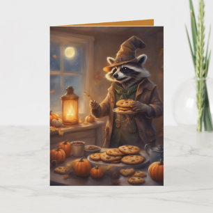Rocky Racoon bakes Halloween cookies greeting Card