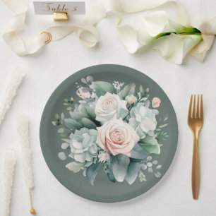 Rocky River Deep Green Blush Pink Roses Shower Paper Plate
