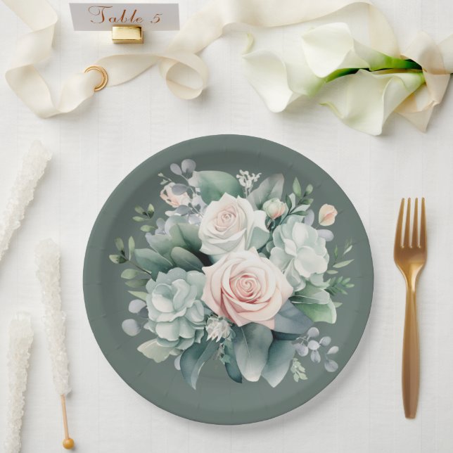 Rocky River Deep Green Blush Pink Roses Shower Paper Plate (Wedding)