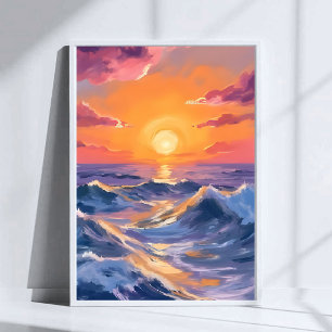 Rocky Seas Ocean Waves Watercolor Painting Sea Poster