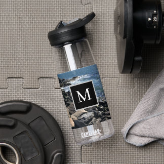 Rocky Seashore Single Big Initial in Black Square Water Bottle