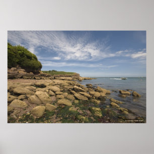 Rocky Seaside With Motorboat Travelling Poster
