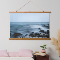 Rocky shore with misty water