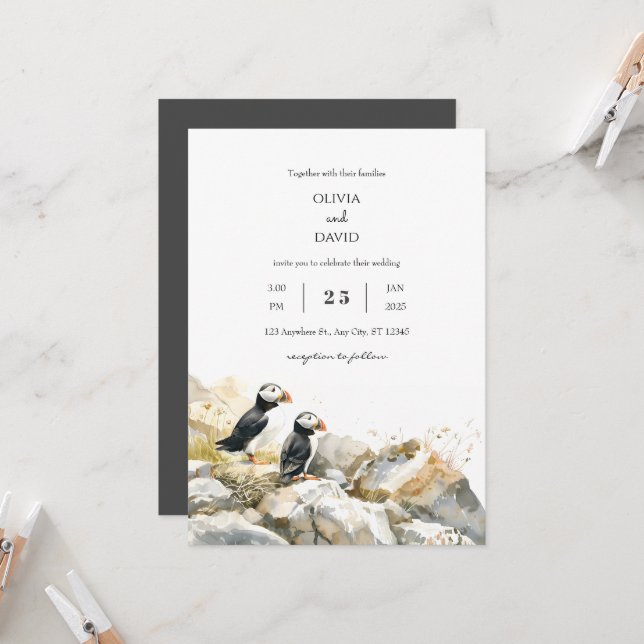 Rocky Shoreline with Puffins Couple Beach Wedding Invitation (Front/Back In Situ)