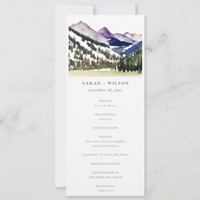 Rocky Snow Mountain Landscape Wedding Program Invitation (Front)