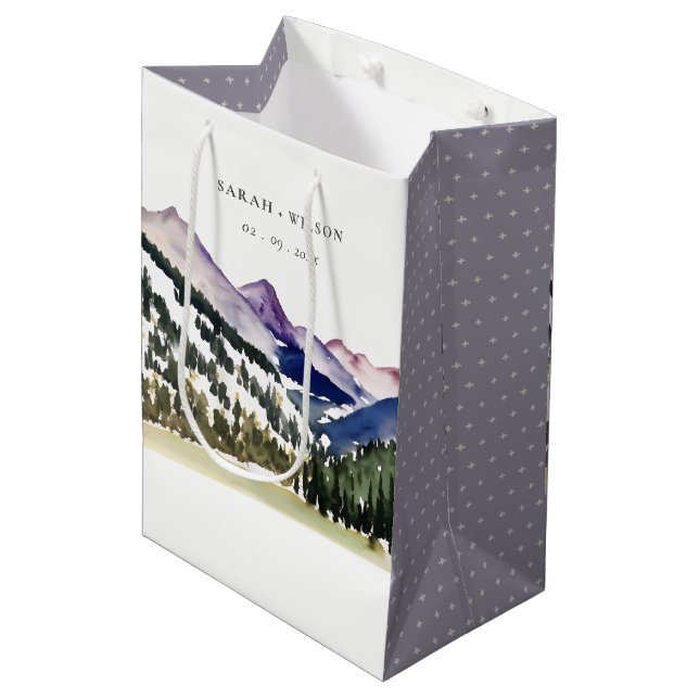 Rocky Snow Mountain Watercolor Landscape Wedding Medium Gift Bag (Front Angled)