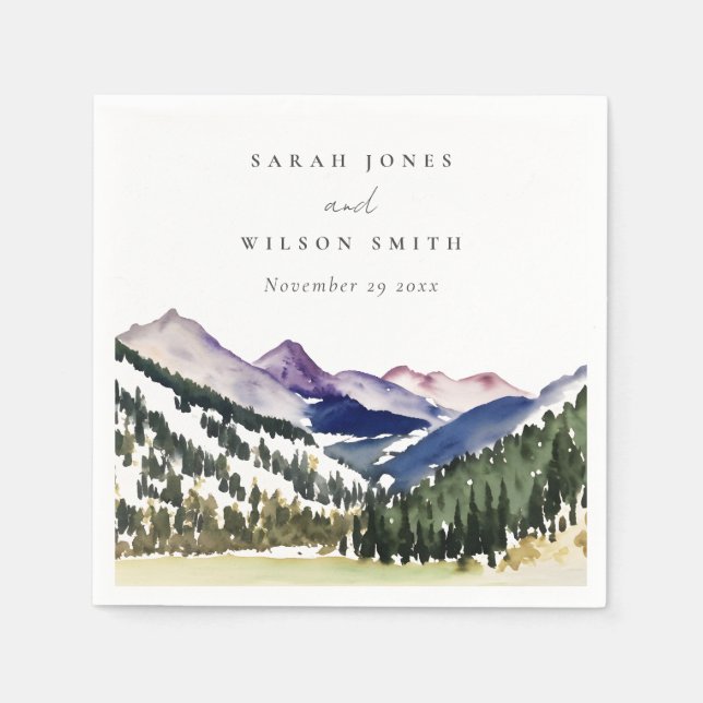 Rocky Snow Mountain Watercolor Landscape Wedding Napkin (Front)