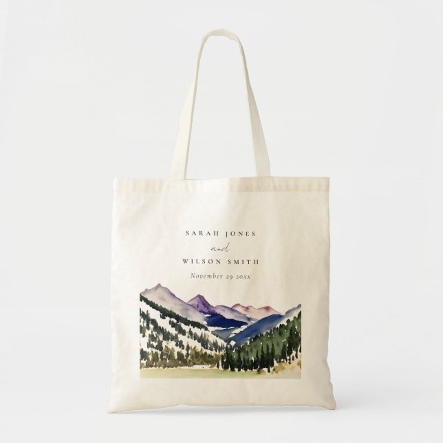 Rocky Snow Mountain Watercolor Landscape Wedding Tote Bag (Front)