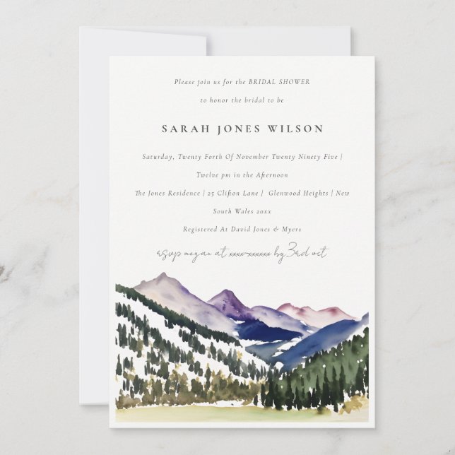 Rocky Snow Pine Mountain Landscape Bridal Shower Invitation (Front)