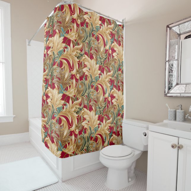 Rococo Bliss Pattern | Red-Green-Gold Shower Curtain (In Situ)