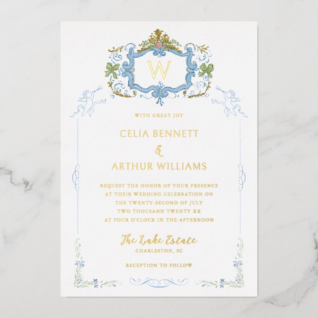 Rococo Blue Monogram Crest Wedding (Front)