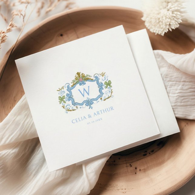 Rococo Blue Monogram Crest Wedding  Napkin (Creator Uploaded)