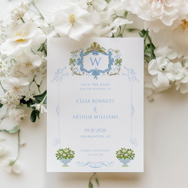 Rococo Blue Monogram Crest Wedding Save The Date (Creator Uploaded)