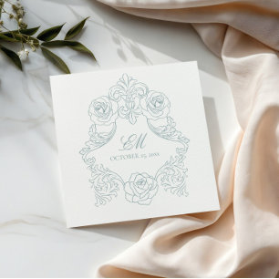 Rococo Crest Monogram Dusty Blue Wedding Logo Napkin