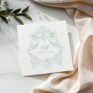 Rococo Crest Monogram Dusty Blue Wedding Logo Napkin