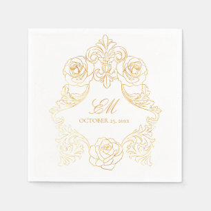 Rococo Crest Monogram Golden Foil Wedding Logo Napkin