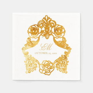 Rococo Crest Monogram Golden Foil Wedding Logo  Napkin