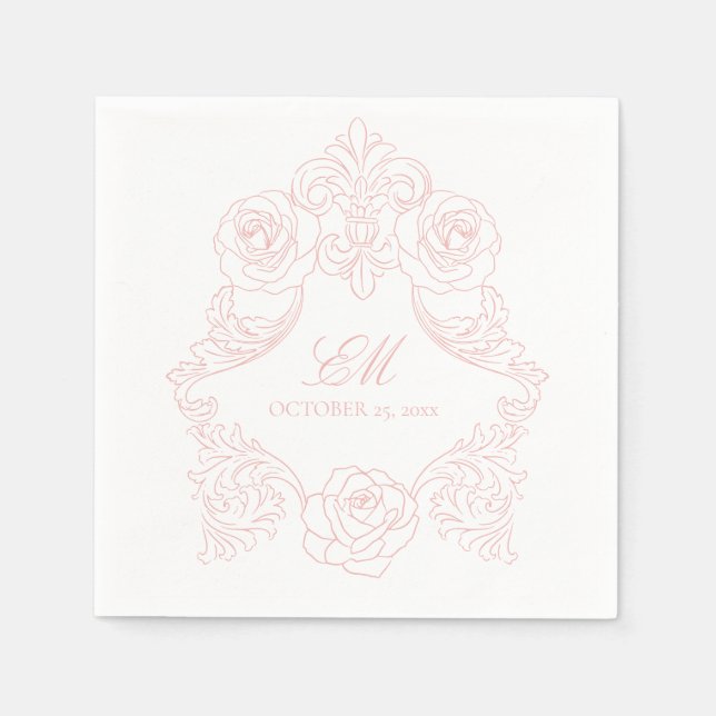 Rococo Crest Monogram Pink Wedding Logo Napkin (Front)
