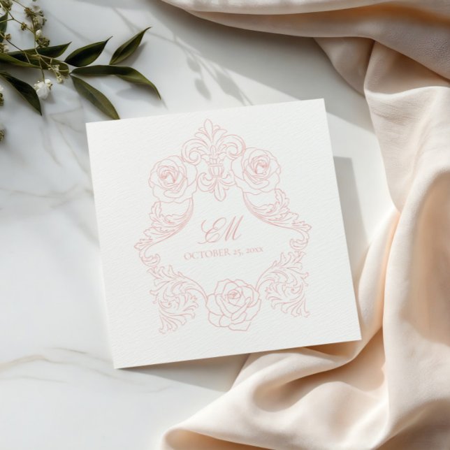 Rococo Crest Monogram Pink Wedding Logo Napkin (Creator Uploaded)