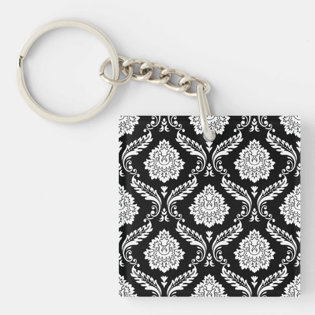Rococo Damask 2Way Pattern Black + White Key Ring (Front)