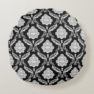 Rococo Damask 2Way Pattern Black+White Round Cushion