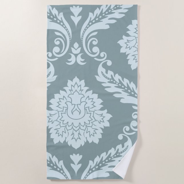 Rococo Damask Art I Duck Egg Blue+Teal Beach Towel (Front)