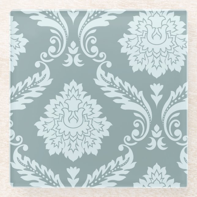 Rococo Damask Art I Duck Egg Blue+Teal Glass Coaster (Front)