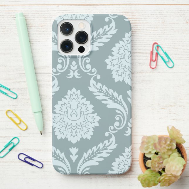 Rococo Damask Art I Duck Egg Blue+Teal iPhone Case (On Desk)