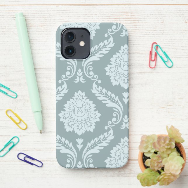 Rococo Damask Art I Duck Egg Blue+Teal iPhone Case (On Desk)