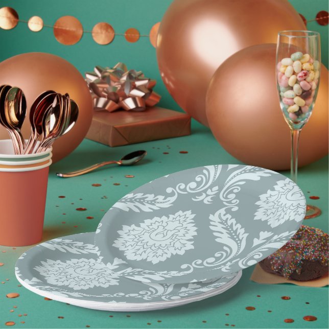 Rococo Damask Art I Duck Egg Blue+Teal Paper Plate (Multi)