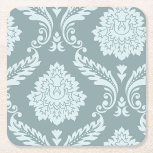 Rococo Damask Art I Duck Egg Blue+Teal Square Paper Coaster
