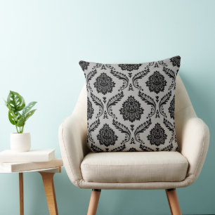Rococo Damask Big Pattern Black on Grey Cushion