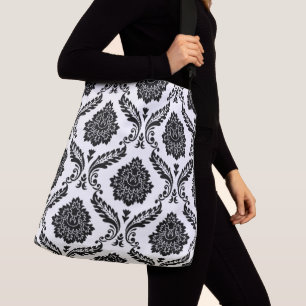 Rococo Damask Big Pattern Black on White Crossbody Bag
