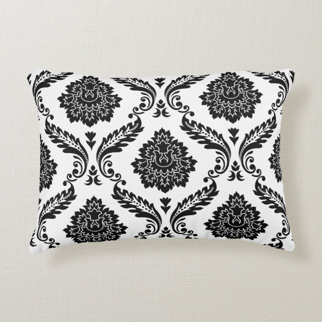 Rococo Damask Big Pattern Black on White Decorative Cushion (Front)