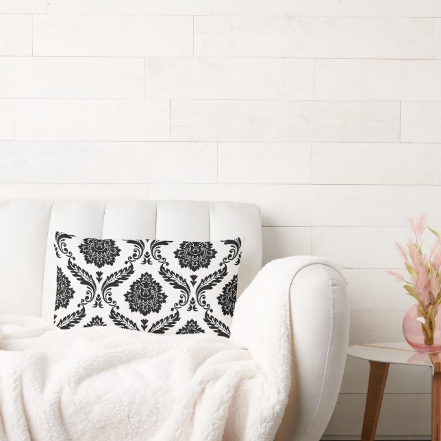 Rococo Damask Big Pattern Black on White Lumbar Cushion (Couch)