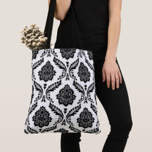 Rococo Damask Big Pattern Black on White Tote Bag