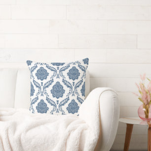 Rococo Damask Big Pattern Blue on White Cushion