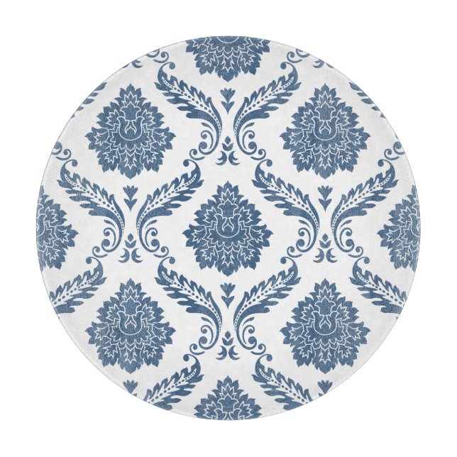 Rococo Damask Big Pattern Blue on White Cutting Board (Front)