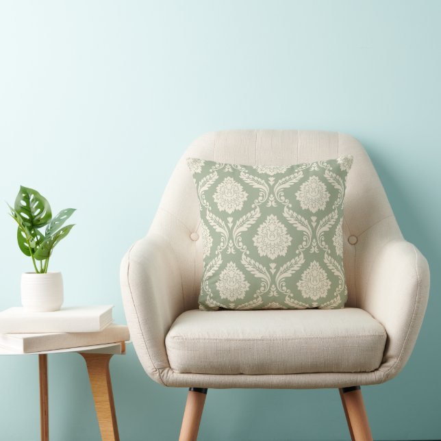 Rococo Damask Big Pattern Cream on Green Cushion (Chair)