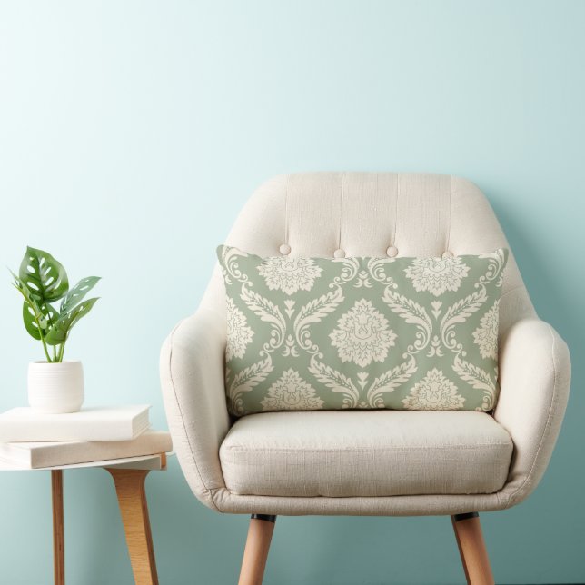 Rococo Damask Big Pattern Cream on Green Lumbar Cushion (Chair)