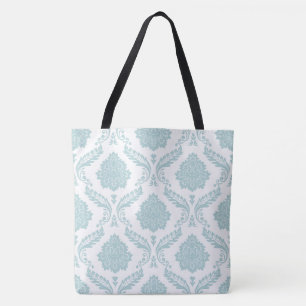 Rococo Damask Big Pattern Duck Egg Blue on White Tote Bag