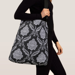 Rococo Damask Big Pattern Grey on Black Crossbody Bag