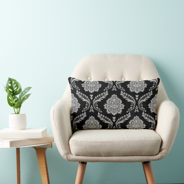 Rococo Damask Big Pattern Grey on Black Lumbar Cushion (Chair)