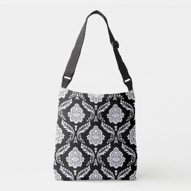 Rococo Damask Big Pattern White on Black Crossbody Bag (Front)