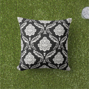 Rococo Damask Big Pattern White on Black Cushion